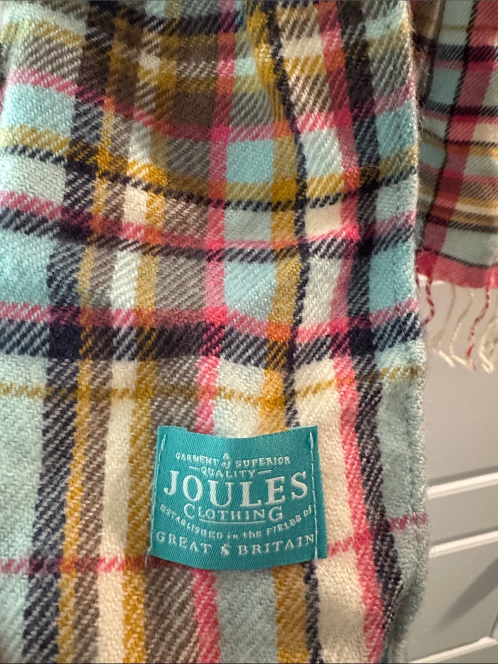 Joules Plaid Fringe Scarf in Cream, Pink, Green and Blue - Picture 2 of 4